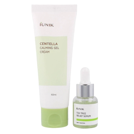 iUNIK - Centella Edition Skincare Set - Bőrnyugtató Gél-Krém Ázsiai Gázlóval 60ml és Szérum Problémás Bőrre Teafa Vízzel 15ml