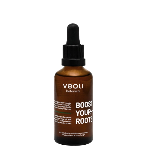 Veoli Botanica - BOOST YOUR ROOTS - Stimuláló és Melegítő Fejbőrápoló Víz 3% Baicapil, 2% Alma Őssejt Kivonattal és 2% Fűrészpálma Kivonattal - 50ml