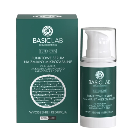BasicLab - Bőrnyugtatás és Redukció - Spot Szérum Mikrogyulladásos Elváltozásokra 7% AHA/BHA-val, 3% Azelainsavval és Laktoferrinnel - 15ml