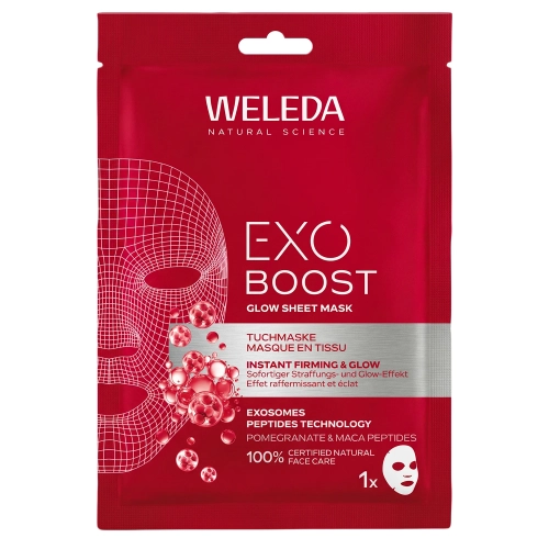 WELEDA - Exo Boost Glow Sheet Mask - Fátyolmaszk Gránátalmával és Maca Peptidekkel - 1db/20ml