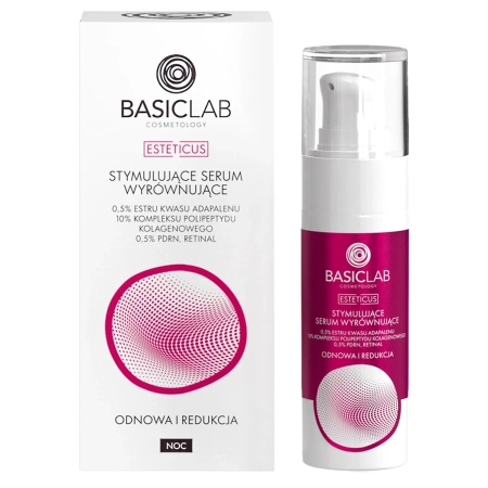 BasicLab - Esteticus - Stimuláló és Bőrkiegyenlítő Szérum 0,5% Adapalen-sav Észterrel, 10% Kollagén Polipeptid Komplex-szel, 0,5% PDRN-nel és Retinallal - 30ml