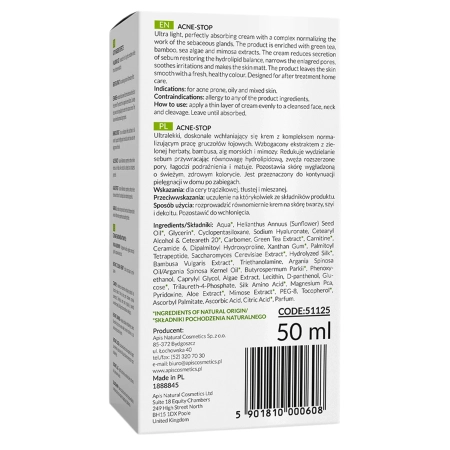 Apis - Home Terapis - Acne-Stop - Könnyű Normalizáló és Akne Elleni Krém Zöld Teával - 50ml