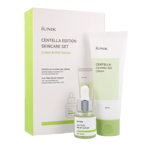 iUNIK - Centella Edition Skincare Set - Bőrnyugtató Gél-Krém Ázsiai Gázlóval 60ml és Szérum Problémás Bőrre Teafa Vízzel 15ml