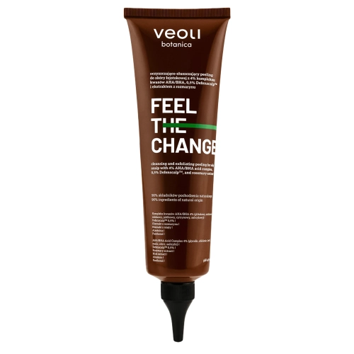 Veoli Botanica - FEEL THE CHANGE - Fejbőr Hámlasztó Seborrheás Bőrre 4% AHA- és BHA-Sav Komplexszel, 0,5% Defenscalppal és Rozmaring Kivonattal - 150ml