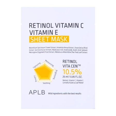 APLB - Retinol Vitamin C Vitamin E Sheet Mask - Fátyolmaszk Retinollal, C- és E-vitaminnal - 1db/25ml