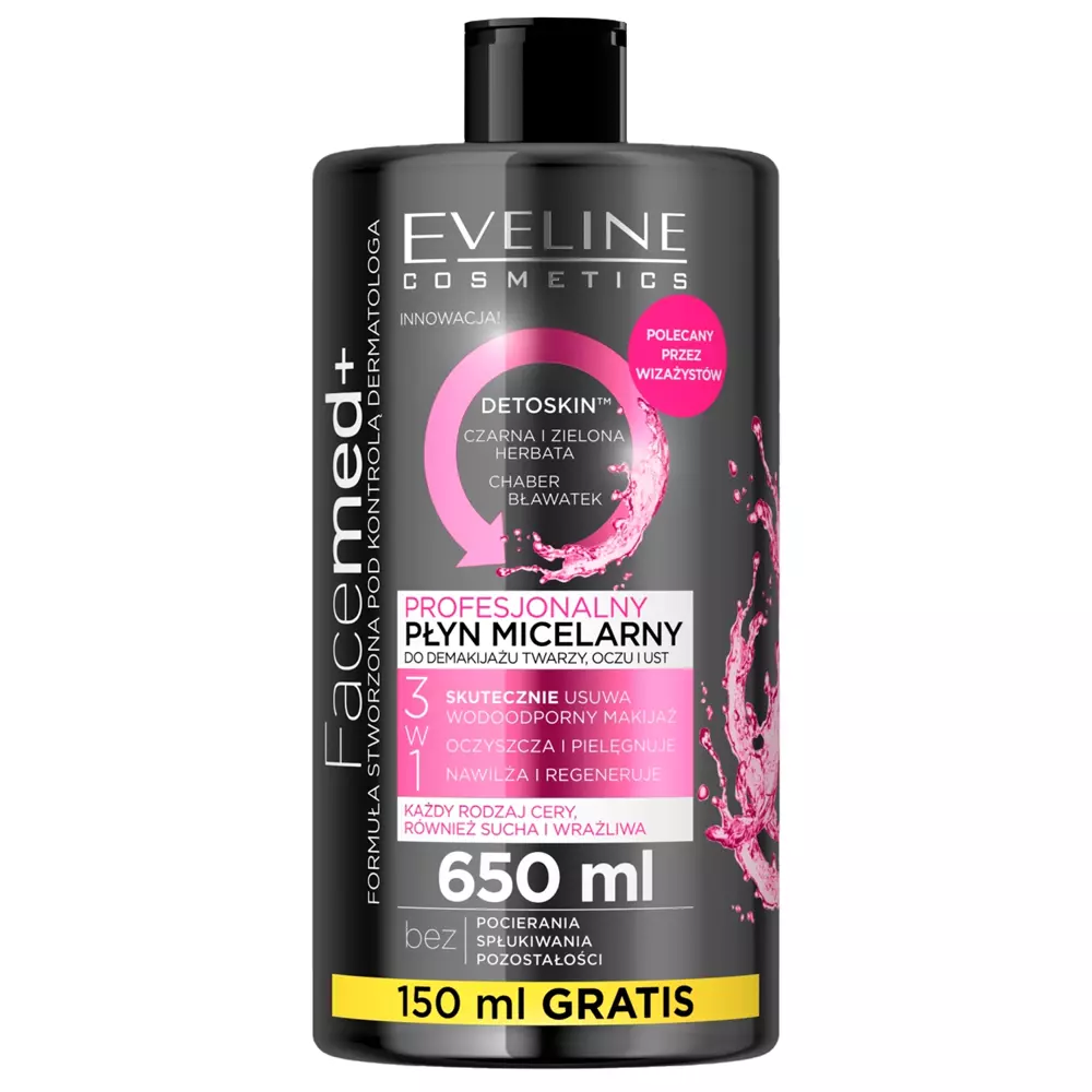 Eveline Cosmetics - Facemed+ - Professzionális Micellás Folyadék Arc-, Szem- és Szájsmink Eltávolítására - 650ml