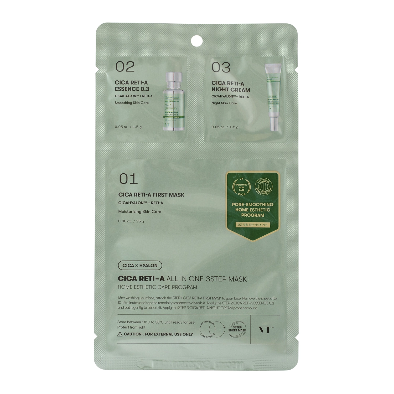 VT Cosmetics - CICA Reti-A All In One 3Step Mask - Hidratáló és Hámlasztó Fátyolmaszk - 1.5g+1.5g+25g