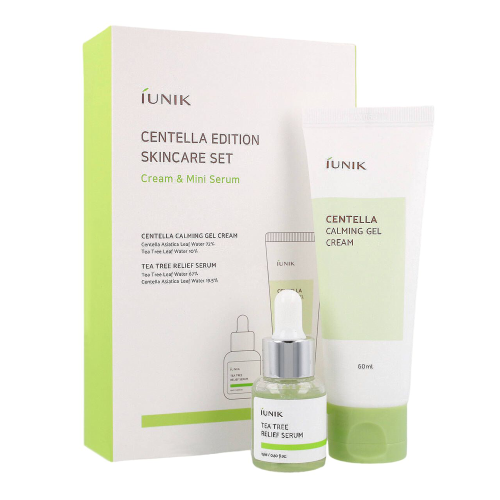 iUNIK - Centella Edition Skincare Set - Nyugtató Gél Készlet - Krém Ázsiai Gázlóval 60ml és Szérum Problémás Bőrre Teafa Vízzel 15ml